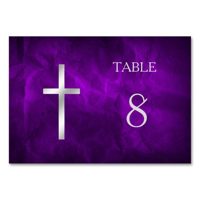 Purple Silver Christian Cross Table Number (Front)