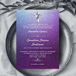 Purple Silver Christian Cross Wedding Invitation