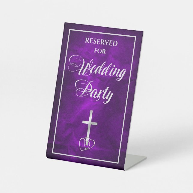 Purple Silver Christian Cross Wedding Party Pedestal Sign (Front)