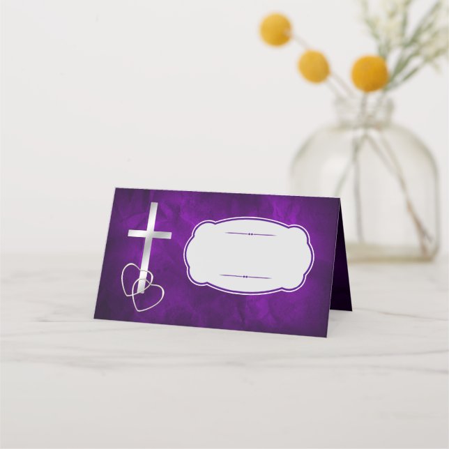 Purple Silver Christian Cross Wedding Place Card (Front)
