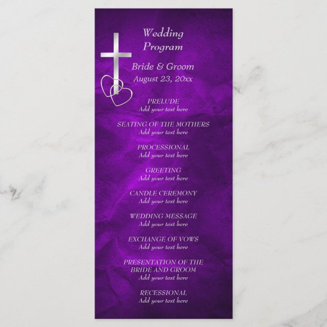 Purple Silver Christian Cross Wedding Program (Front)
