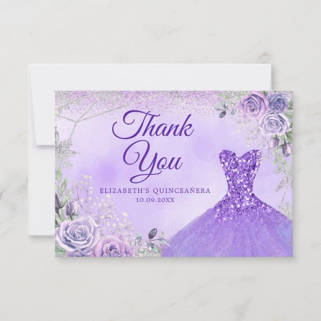 Purple Silver Christmas Snowflake Mis Quince Thank You Card (Front)