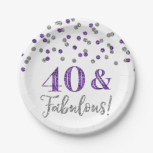 Purple Silver Confetti 40 and Fabulous Birthday Paper Plate