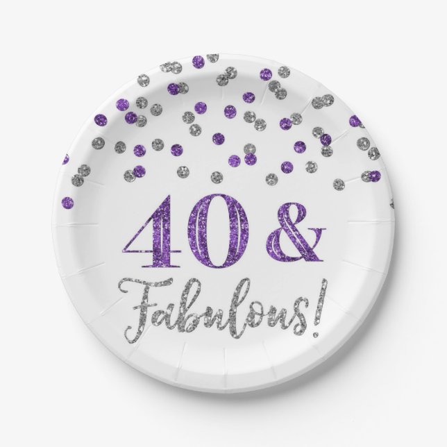Purple Silver Confetti 40 and Fabulous Birthday Paper Plate (Front)
