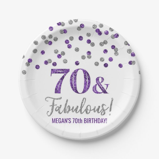 Purple Silver Confetti 70 and Fabulous Birthday Paper Plate (Front)