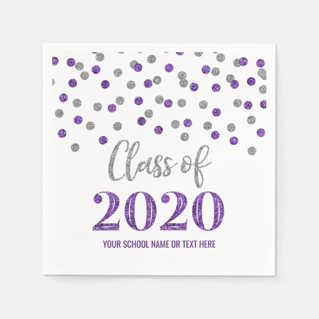 Purple Silver Confetti Class of 2020 Graduation Napkin (Front)
