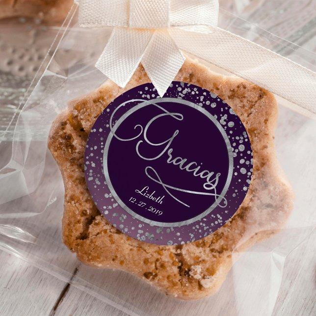 Purple Silver Confetti Gracias Glam Gift Thank You Classic Round Sticker (Creator Uploaded)