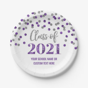 Purple Silver Confetti Graduation 2021 Paper Plate