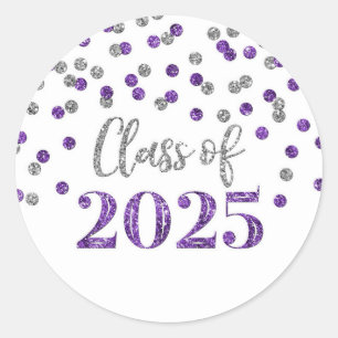 Purple Silver Confetti Graduation 2025 Classic Round Sticker