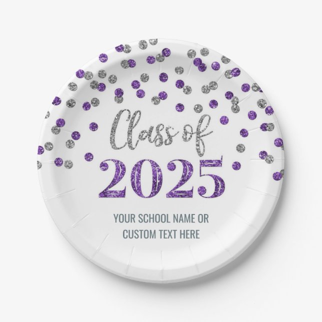 Purple Silver Confetti Graduation 2025 Paper Plate (Front)