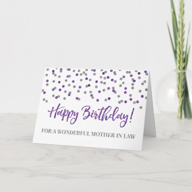 Purple Silver Confetti Mother in Law Birthday Card (Front)