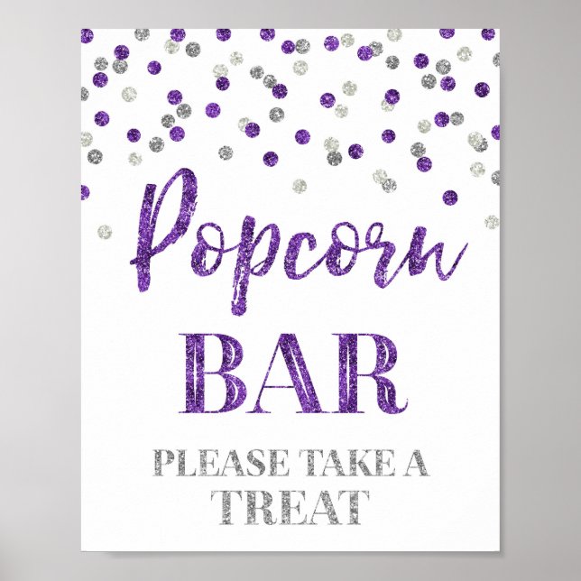 Purple Silver Confetti Popcorn Bar Sign (Front)