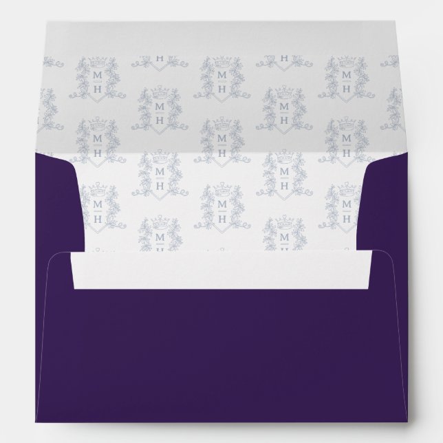Purple silver crest heart crown monogram wedding  envelope (Back (Bottom))