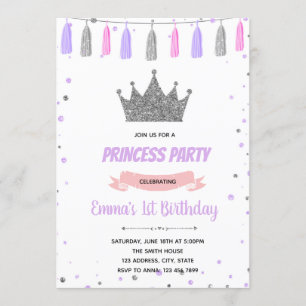 Purple silver crown princess birthday invitation