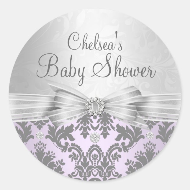 Purple & Silver Damask Baby Shower Sticker (Front)