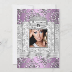 Purple & Silver Damask Quinceanera Announcements