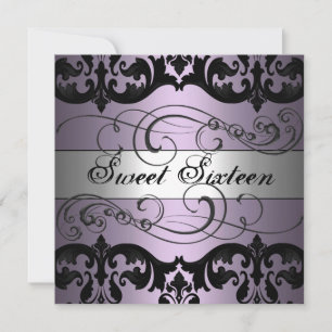 Purple/Silver Damask Sweet 16 Birthday Invitation