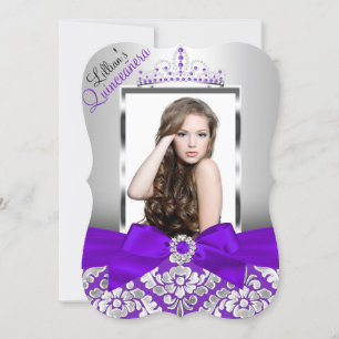 Purple Silver Damask & Tiara Photo Quinceanera Invitation
