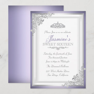 Purple Silver Damask & Tiara Sweet 16 Invitation
