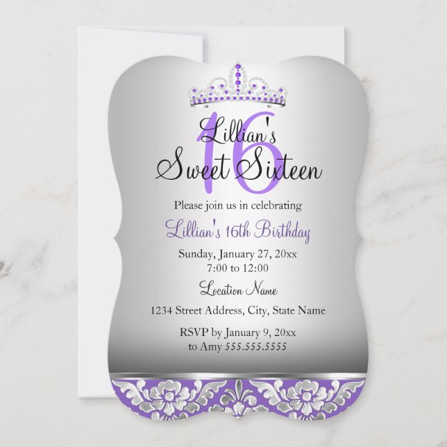 Purple Silver Damask & Tiara Sweet 16 Invite (Front)