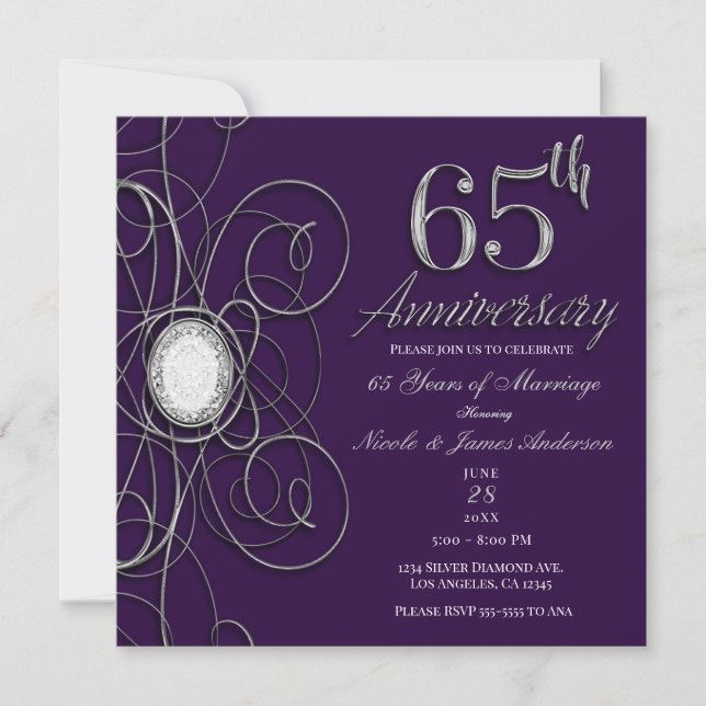 Purple & Silver Diamond 65 65th Anniversary Party Invitation (Front)