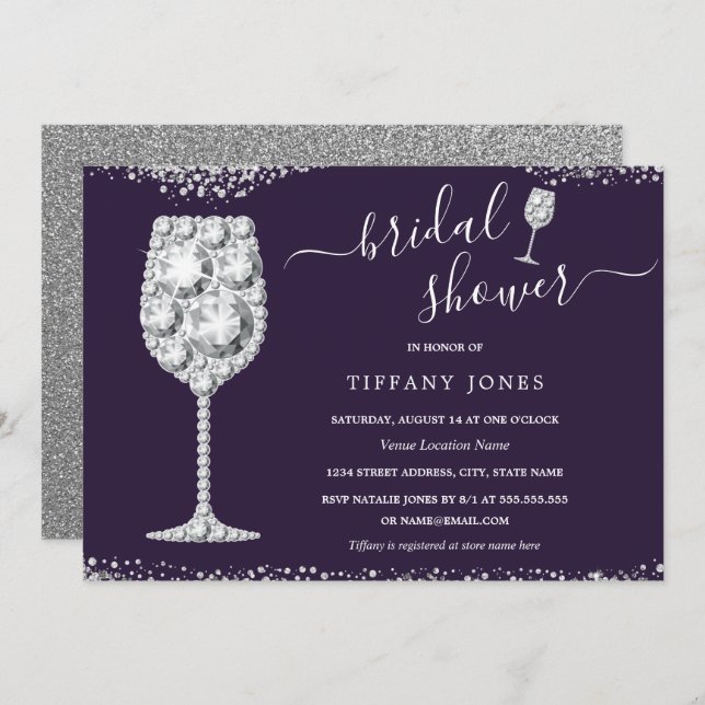Purple Silver Diamond Bubbly Bridal Shower  Invitation (Front/Back)