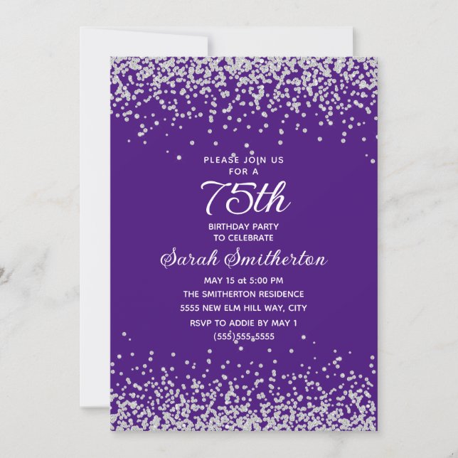 Purple Silver Diamond Glitter 75th Birthday Invitation (Front)