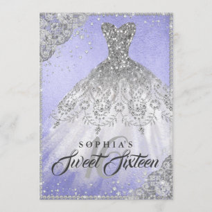 Purple Silver Diamond Sparkle Gown Sweet Sixteen Invitation