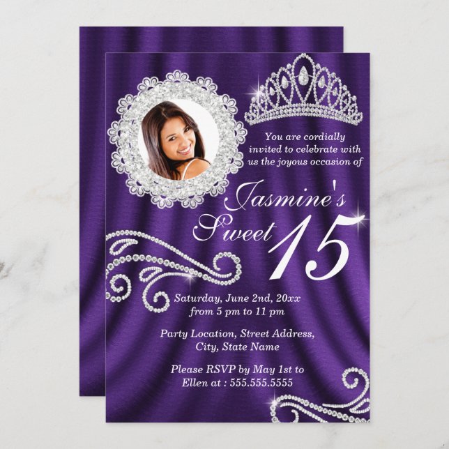Purple Silver Diamond Tiara Photo Quinceanera Invitation (Front/Back)