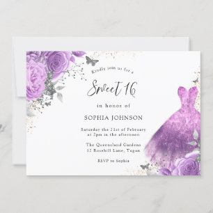 Purple & Silver Dress & Rose Butterfly Sweet 16 Invitation