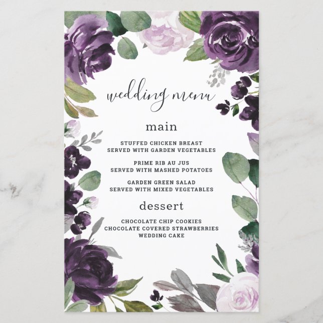 Purple Silver Elegant Floral Wedding Menu Cards (Front)