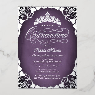 Purple Silver Elegant Script Rose Quinceanera 