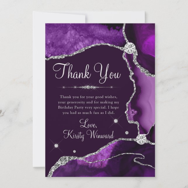 Purple & Silver Faux Glitter Agate Birthday Thank You Card (Front)