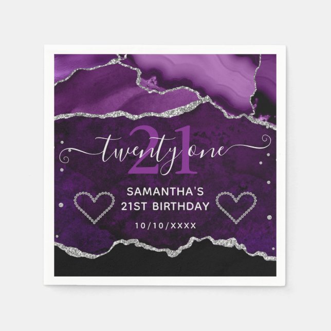 Purple & Silver Faux Glitter Agate Marble Birthday Napkin (Front)