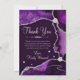 Purple & Silver Faux Glitter Agate Sweet 16 Thank You Card
