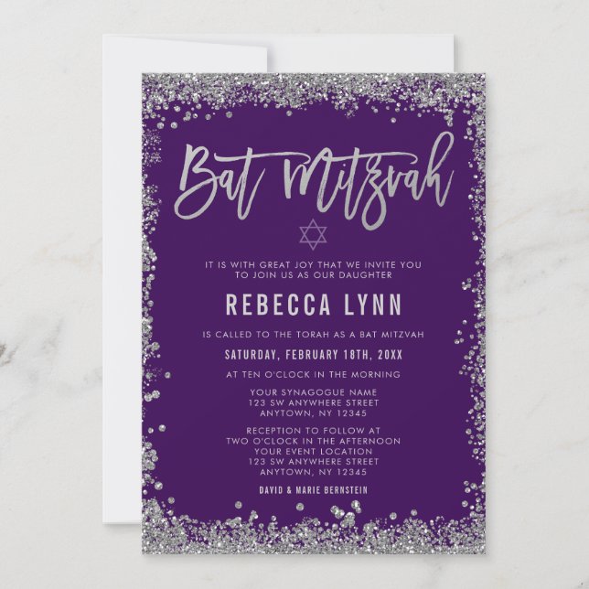 Purple Silver Faux Glitter Bat Mitzvah Invitation (Front)