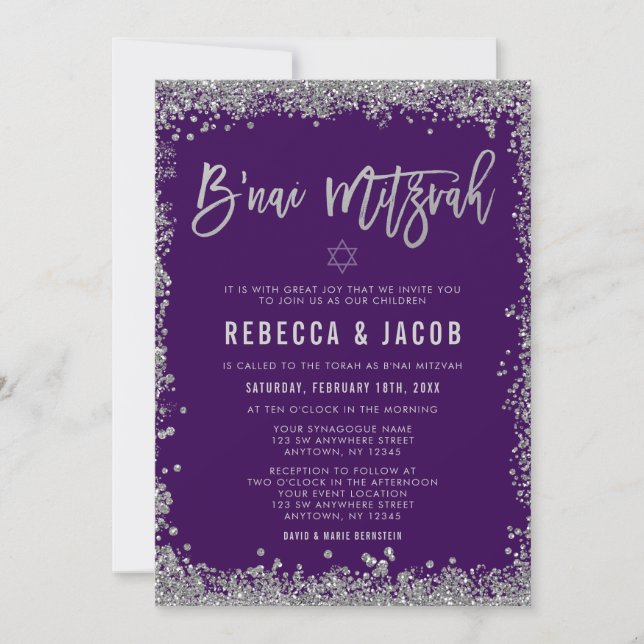 Purple Silver Faux Glitter B'nai Mitzvah Invitation (Front)