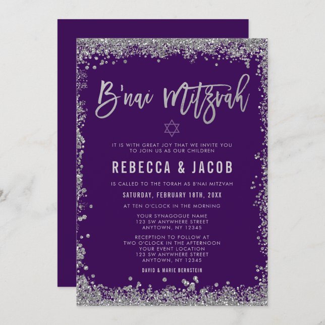 Purple Silver Faux Glitter B'nai Mitzvah Invitation (Front/Back)