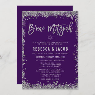 Purple Silver Faux Glitter B'nai Mitzvah Invitation