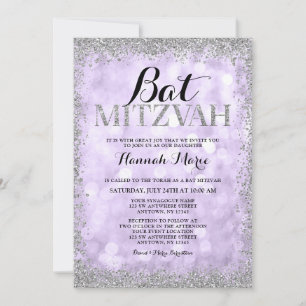 Purple Silver Faux Glitter Lights Bat Mitzvah Invitation
