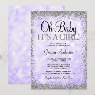 Purple Silver Faux Glitter Lights Girl Baby Shower Invitation