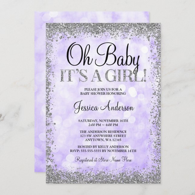 Purple Silver Faux Glitter Lights Girl Baby Shower Invitation (Front/Back)