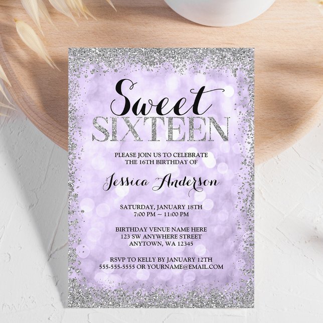 Purple Silver Faux Glitter Lights Sweet 16 Invitation (Creator Uploaded)