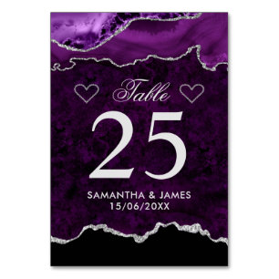 Purple & Silver Faux Glitter Marble Agate Wedding Table Number