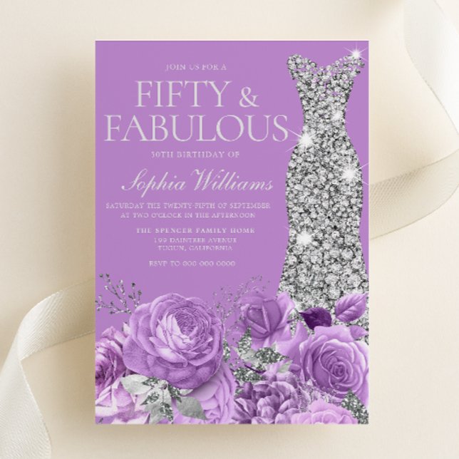 Purple & Silver Fifty & Fabulous 50th Birthday Invitation (Creator Uploaded)