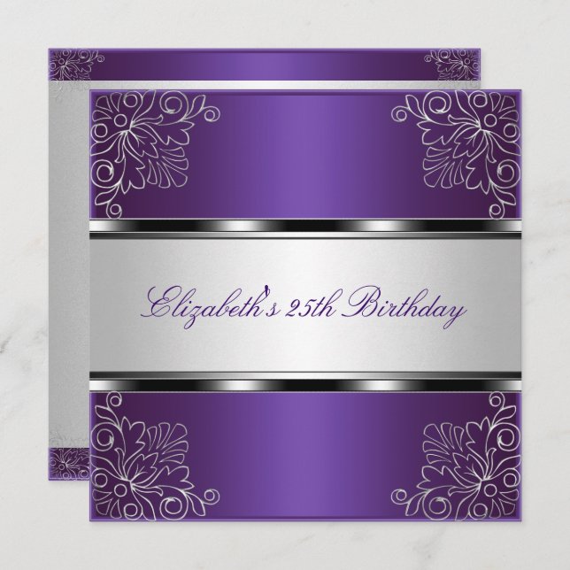 Purple Silver Floral 25th Birthday Party Event Invitation (Front/Back)