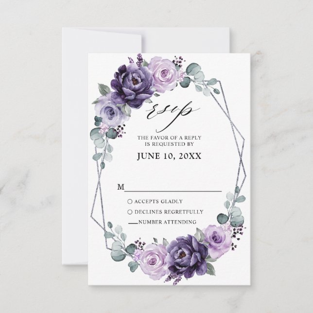 Purple Silver Floral Blooms Geometric Wedding RSVP Card (Front)