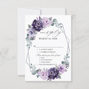 Purple Silver Floral Blooms Geometric Wedding RSVP Card