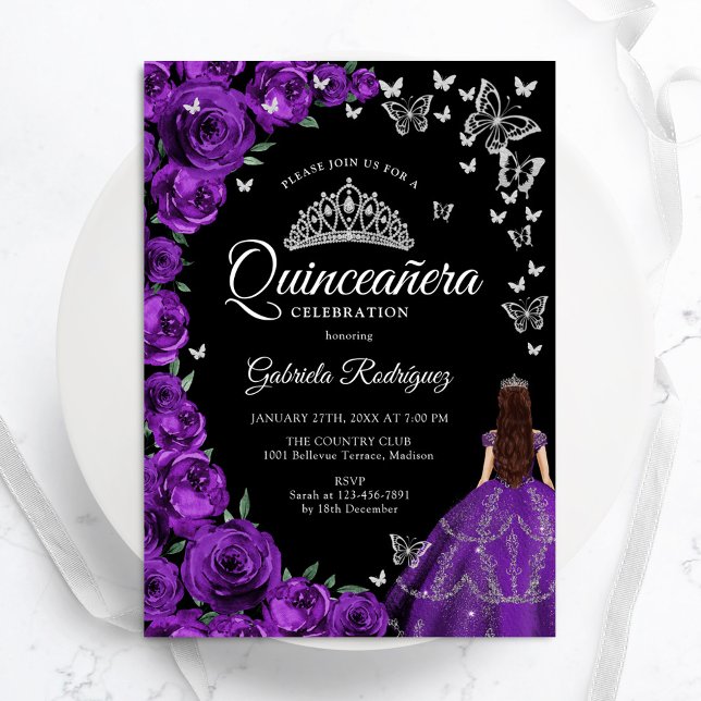 Purple Silver Floral Butterflies Quinceanera Invitation (Creator Uploaded)