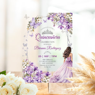Purple Silver Floral Butterfly Quinceañera Acrylic Invitations